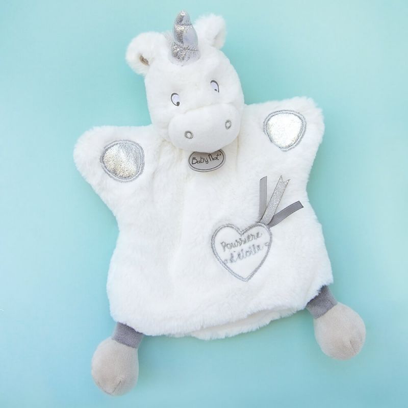  handpuppet unicorn grey white silver poussière détoile 